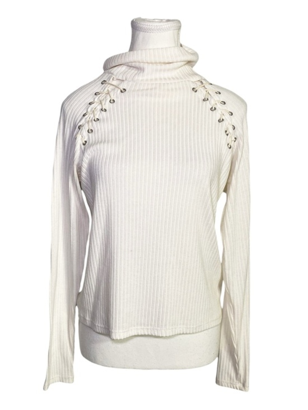 Poof Cream Ribbed Lace-Up Shoulder Turtleneck Size Small